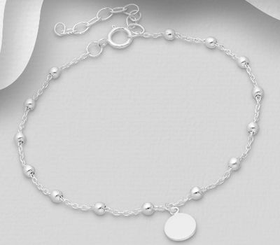 925 Sterling Silver Ball and Tag Bracelet, Engravable