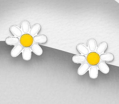 925 Sterling Silver Flower Push-Back Earrings Decorated With Colored Enamel