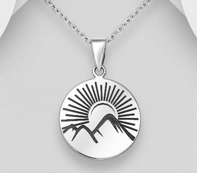 Malın səhifəsinə keç 925 Sterling Silver Oxidized Pendant Featuring Sunset Behind Mountains