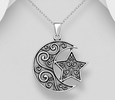 Malın səhifəsinə keç 925 Sterling Silver Oxidized Crescent Moon Pendant, Featuring Star and Swirl Design