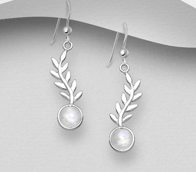 925 Sterling Silver Leaf Hook Earrings, Decorated with Rainbow Moonstone