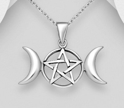 Malın səhifəsinə keç 925 Sterling Silver Crescent Moon Pendant, Featuring Pentagram Star