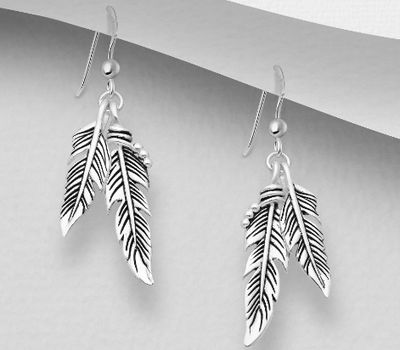 925 Sterling Silver Feather Hook Earrings, Decorated with Colored Enamel