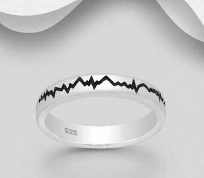 925 Sterling Silver Heartbeat Band Ring, Decorated with Colored Enamel, 4 mm Wide