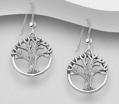 925 Sterling Silver Oxidize Tree Of Life Hook Earrings