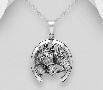 925 Sterling Silver Oxidized Horseshoe and Horse Pendant