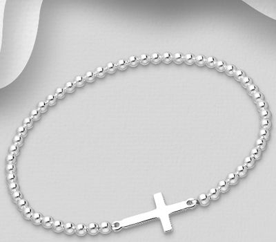 925 Sterling Silver Ball Beads & Sideways Cross Elastic Bracelet