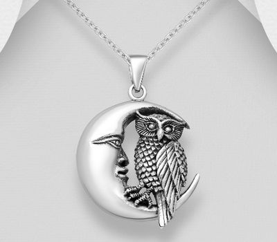 925 Sterling Silver Oxidized Moon and Owl Pendant