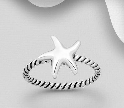 925 Sterling Silver Rope Ring Featuring Starfish