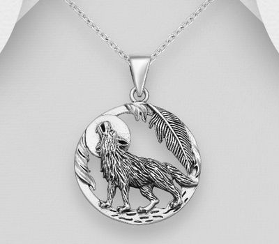 925 Sterling Silver Oxidized Feather, Wolf and Moon Pendant