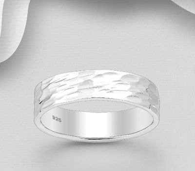 925 Sterling Silver Hammered Band Ring, 5 mm Wide.