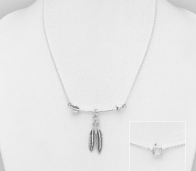 925 Sterling Silver OxidizedArrow and Feather Necklace