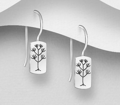 925 Sterling Silver Oxidized Rectangle and Tree Hook Earrings