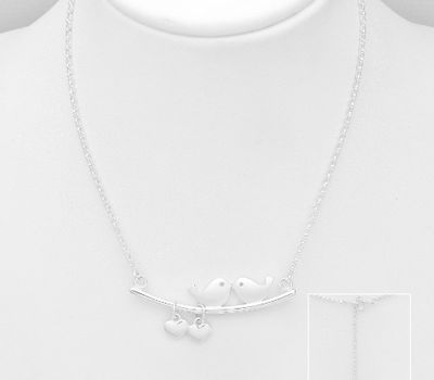 925 Sterling Silver Love Birds & Heart Charms  Necklace