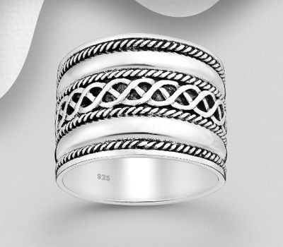925 Sterling Silver Oxidized  Weave Pattern Ring, 16 mm Wide
