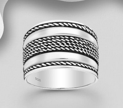 925 Sterling Silver Oxidized Pattern Ring, 14 mm Wide.