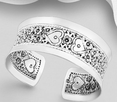 925 Sterling Silver Oxidized Cuff Bracelet, Featuring Flower and Heart Design