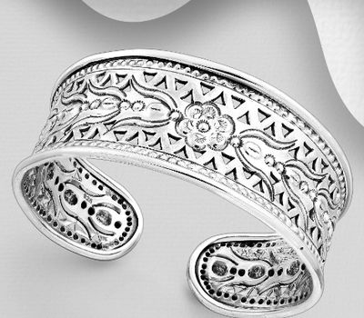 925 Sterling Silver Oxidized Cuff Bracelet, Featuring Flower Design