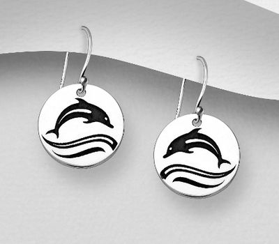 925 Sterling Silver Oxidized Dolphin and Wave Push-Back Earrings