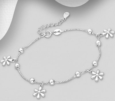Malın səhifəsinə keç ITALIAN DELIGHT - 925 Sterling Silver Bracelet, Featuring Ball and Flower Design, Made in Italy.