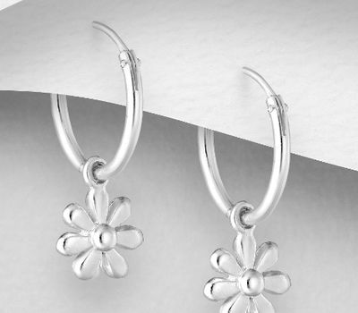 925 Sterling Silver Flower Charm and Hoop Earrings