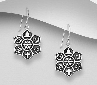 925 Sterling Silver Oxidized Hook Earrings Featuring Various Religious Symbols (Star of David, Cross, Om, Crescent and Star, Buddha Ying-Yang and Lotus)