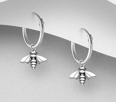 925 Sterling Silver Oxidized Bee Hoop Earrings