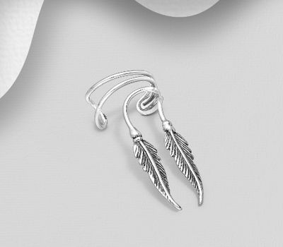 925 Sterling Silver Oxidized Feather Ear Cuffs