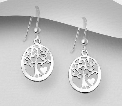 925 Sterling Silver Heart and Tree Of Life Hook Earrings