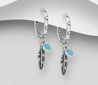 925 Sterling Silver Oxidized Ball Hoop Earrings with Feather and Heart Charm Decorated with Colored Enamel