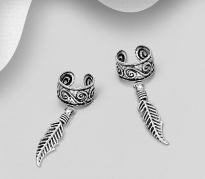 925 Sterling Silver Oxidized Feather And Swirl Ear Cuffs