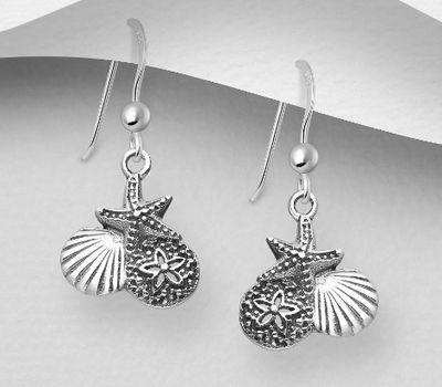 925 Sterling Silver Oxidized Sand Dollar & Shell & Starfish Hook Earrings