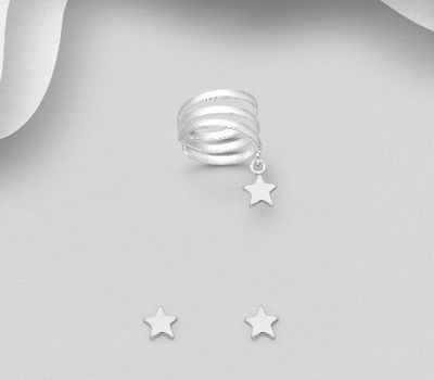 925 Sterling Silver Moon Ear Cuff and Ball Push-Back Earrings