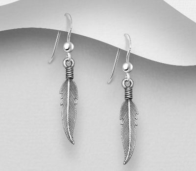 925 Sterling Silver Oxidized Feather Hook Earrings