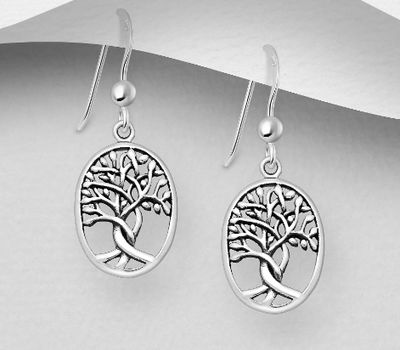 925 Sterling Silver Oxidized Oval Tree of Life Hook Earrings