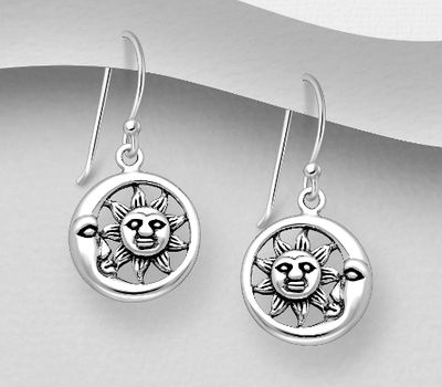 925 Sterling Silver Oxidized Crescent Moon and Sun Hook Earrings