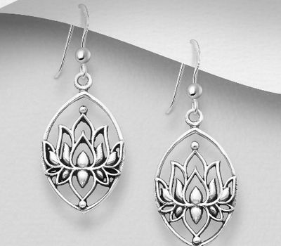 925 Sterling Silver Oxidized Hook Lotus Earrings Decorated with CZ Simulated Diamonds
