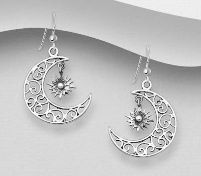 925 Sterling Silver Oxidized Swirl Crescent Moon and Star Hook Earrings