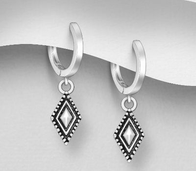 925 Sterling Silver Oxidized Rhombus Hoop Earrings