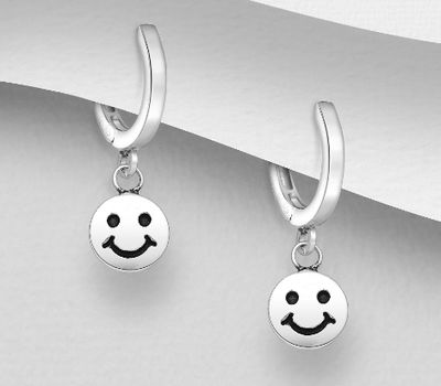 925 Sterling Silver Oxidized Smiley Hoop Earrings