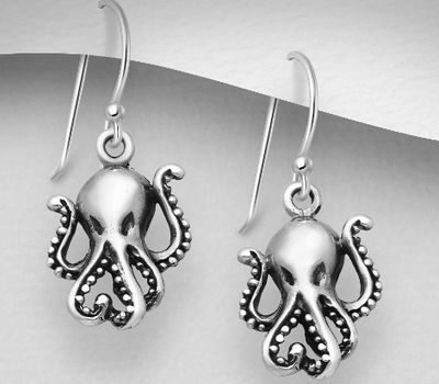 925 Sterling Silver Oxidized Hook Octopus Earrings