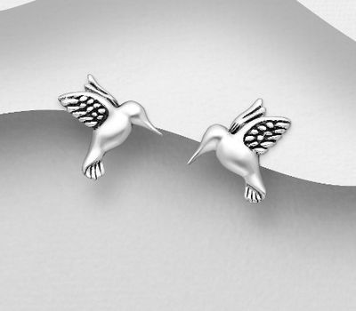 925 Sterling Silver Oxidized Hummingbird Push-Back Earrings
