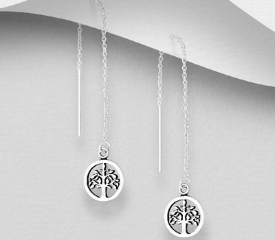 925 Sterling Silver Oxidized Tree of Life Threader Earrings
