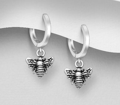 925 Sterling Silver Oxidized Bee Hoop Earrings