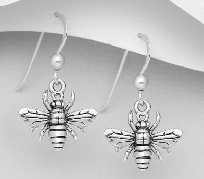925 Sterling Silver Oxidized Bee Hook Earrings