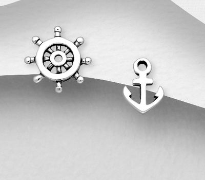 925 Sterling Silver Anchor And Ship Wheel Push-Back Earrings