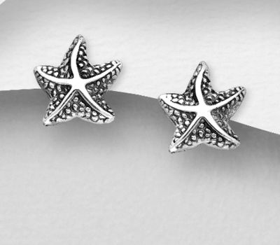 925 Sterling Silver Oxidized Starfish Push-Back Earrings