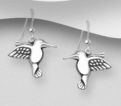 925 Sterling Silver OxidizedBird Hook Earrings