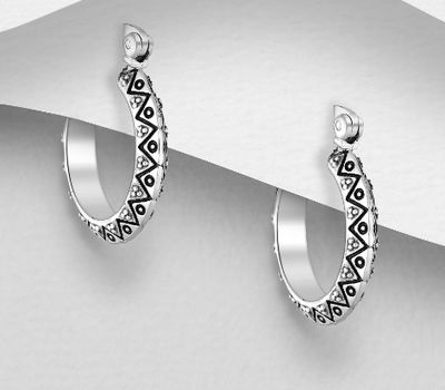 925 Sterling Silver Oxidized Patterned Hinged-Back Earrings