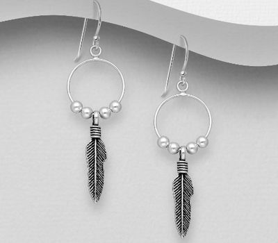 925 Sterling Silver Oxidized Feather And Ball Hook Earrings